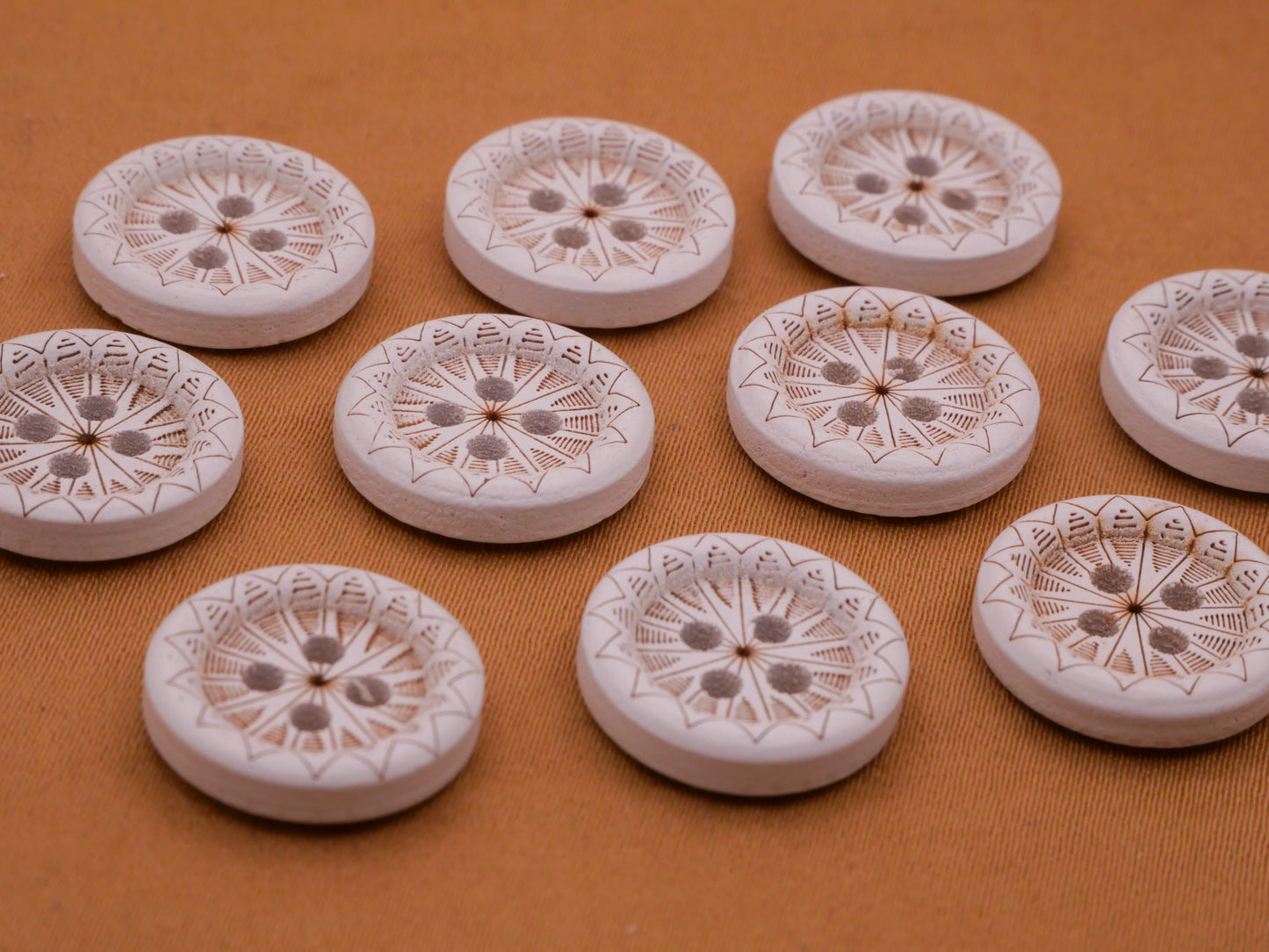 Snowflake Laser Etched White Wood Set of Ten Buttons 15mm