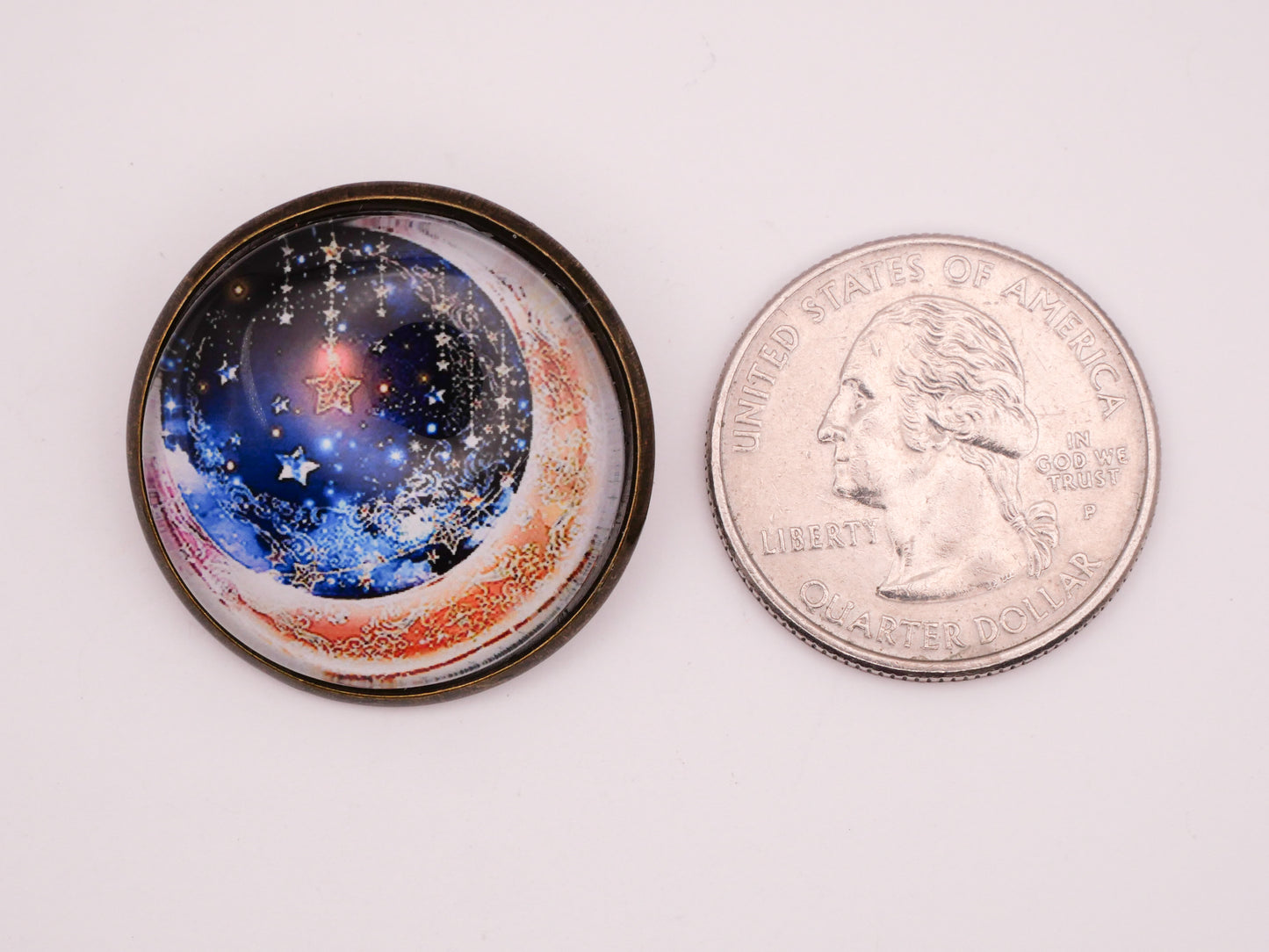 Crescent Moon Star Snow Glass Dome Bronze Metal Button 28mm