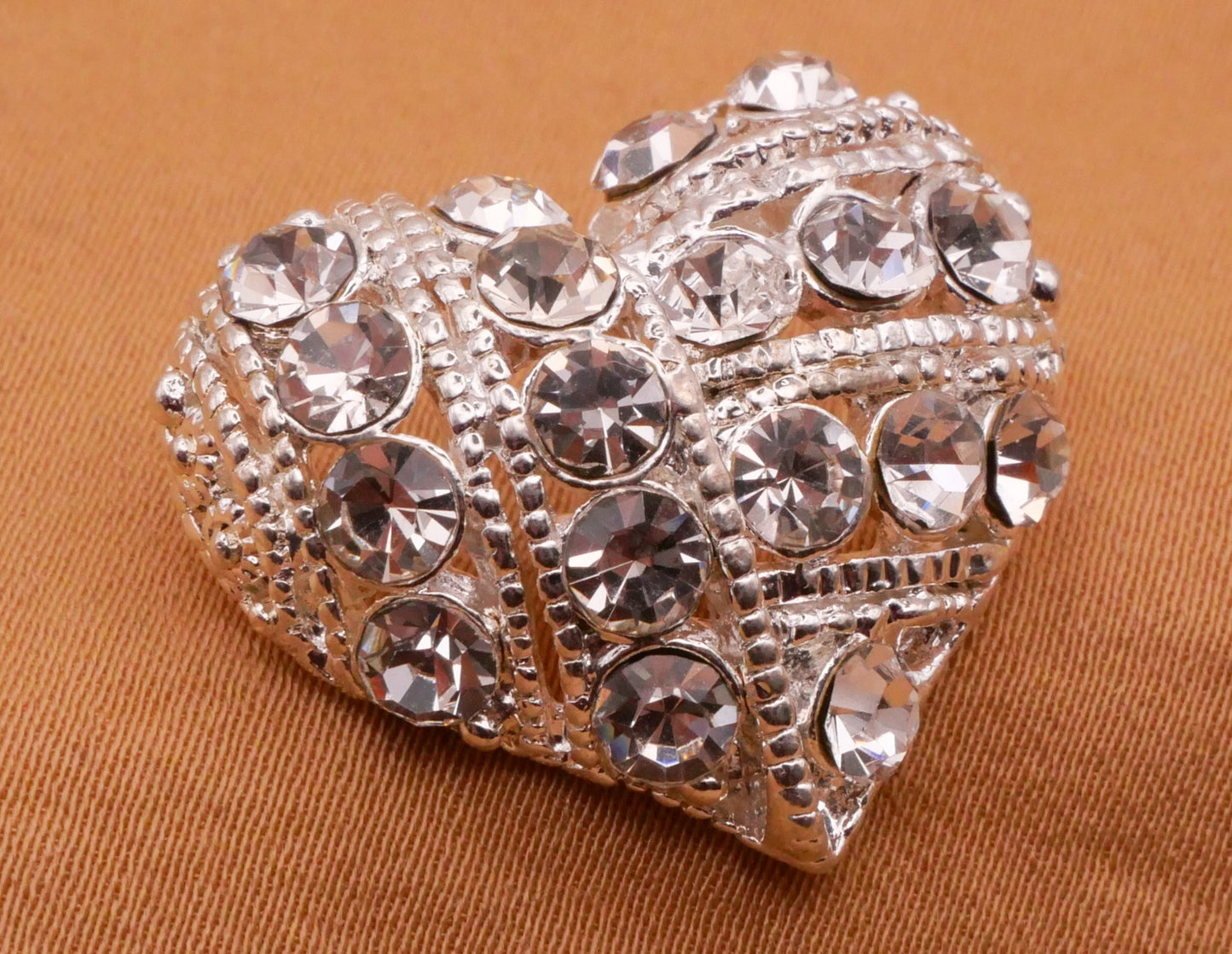 Heart Rhinestone Covered Silver Metal Button 21x24mm