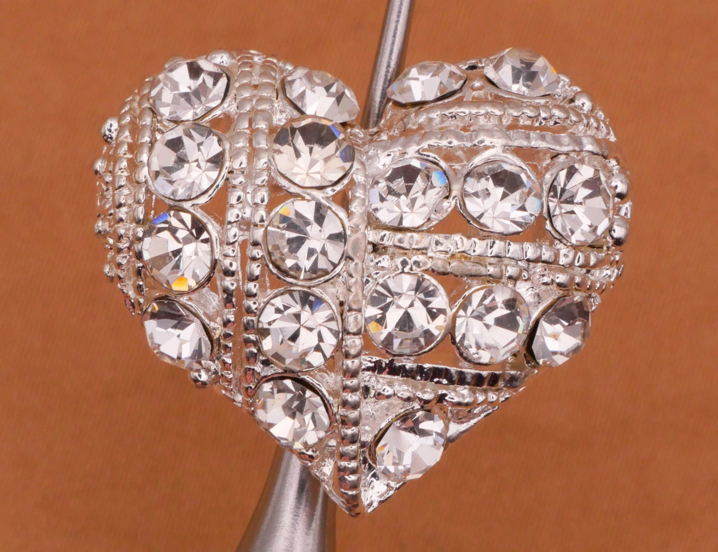 Heart Rhinestone Covered Silver Metal Button 21x24mm