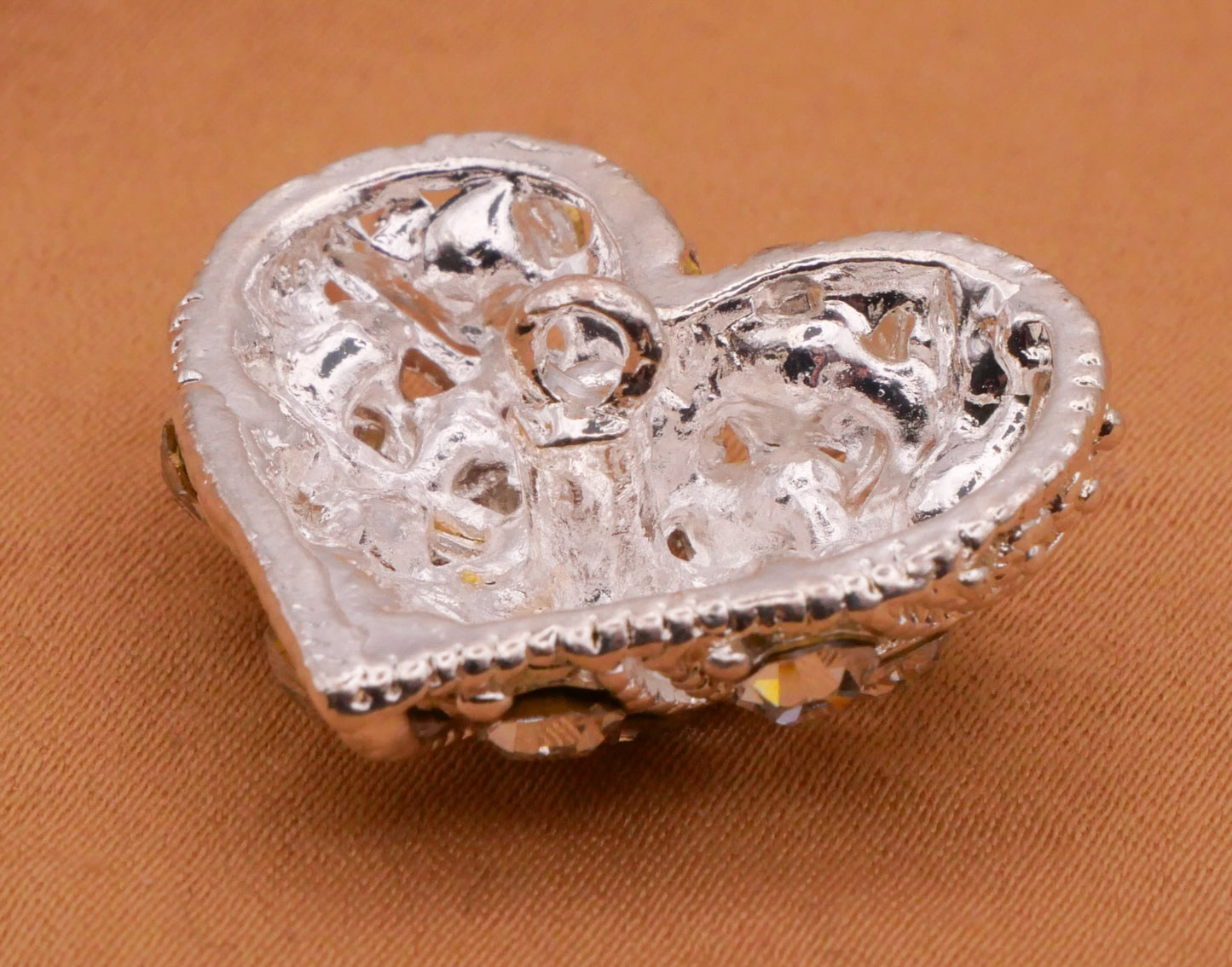 Heart Rhinestone Covered Silver Metal Button 21x24mm