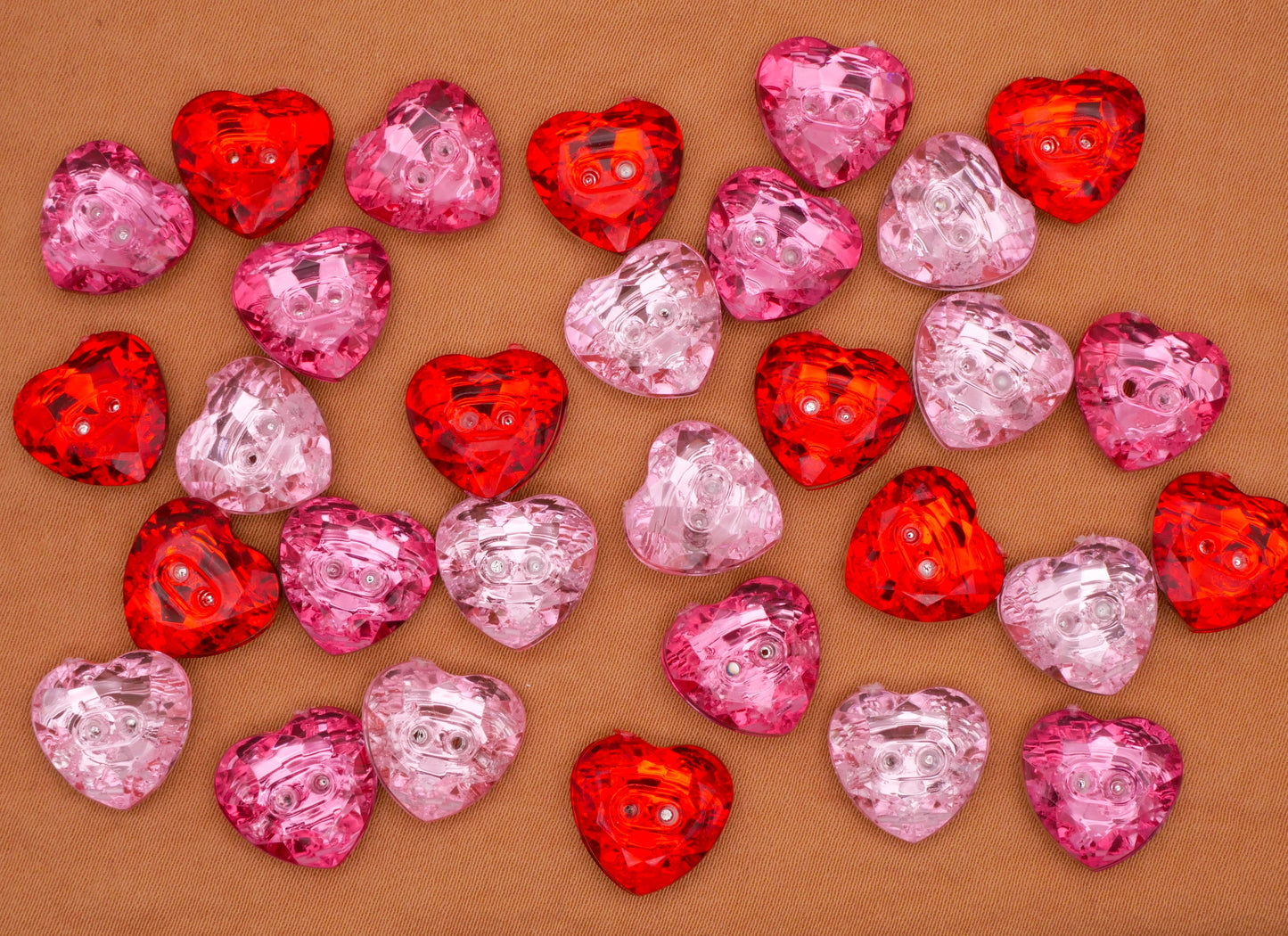 Heart Red Pink Rhinestone Look Plastic Sew-Thru Set of Thirty Buttons 13mm