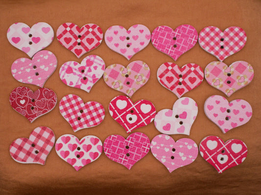 Heart Pink Red Patterns Wood Assorted Set of Twenty Buttons 19x25mm