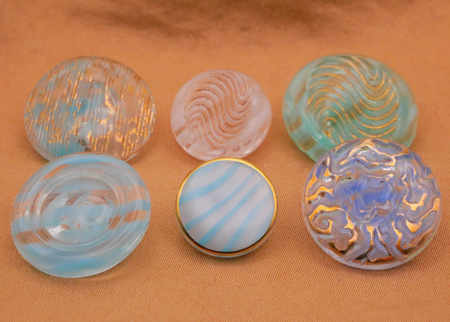 Rainy Look Blue Teal White Design in Glass Vintage Button Various 13-19mm