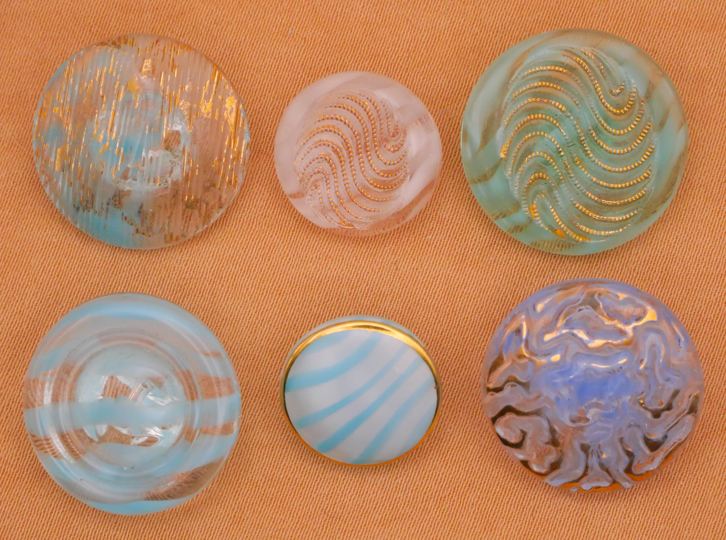 Rainy Look Blue Teal White Design in Glass Vintage Button Various 13-19mm