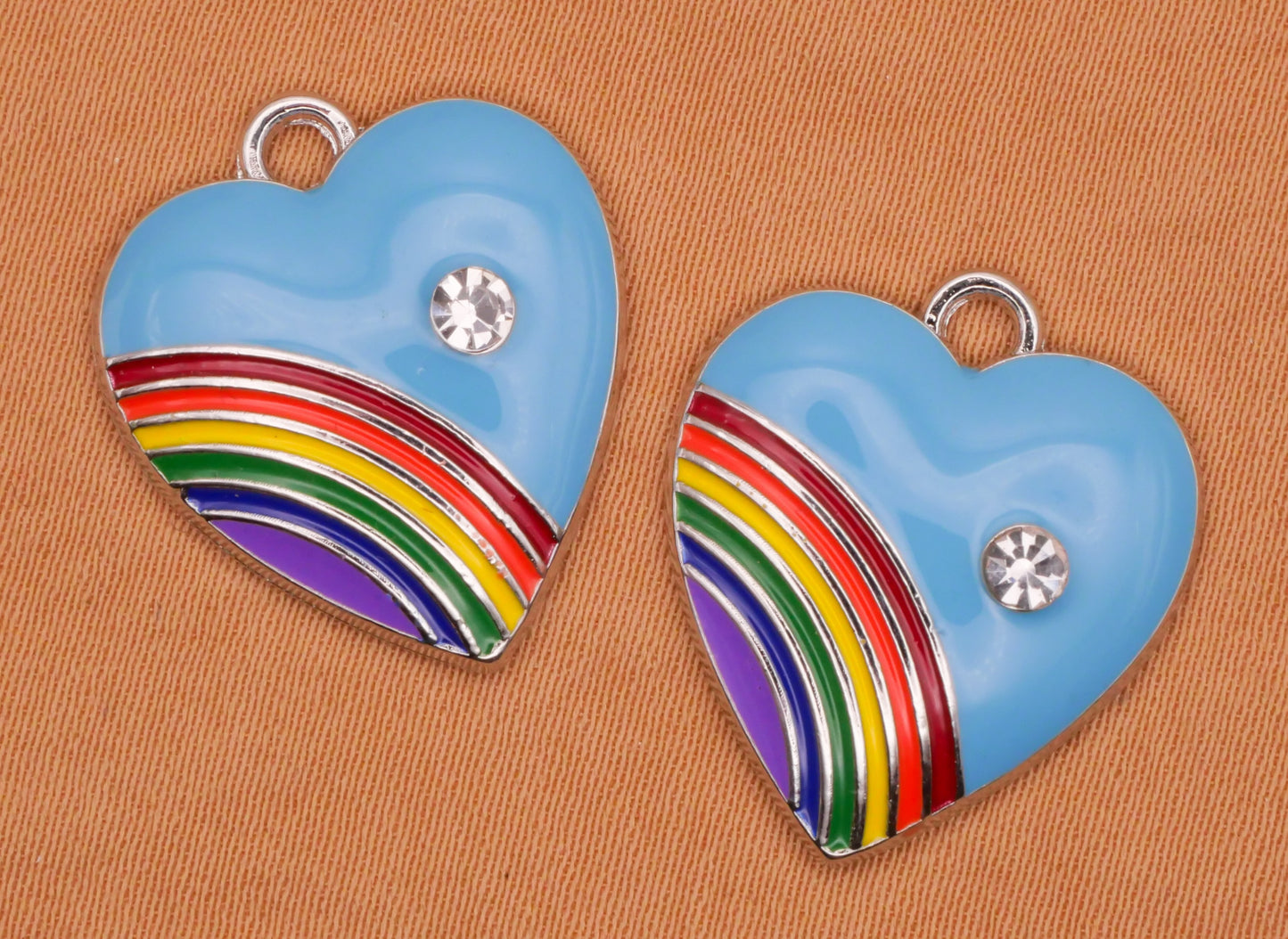 Heart Rainbow Rhinestone Enamel Metal Pair of Charms Various 18x21mm