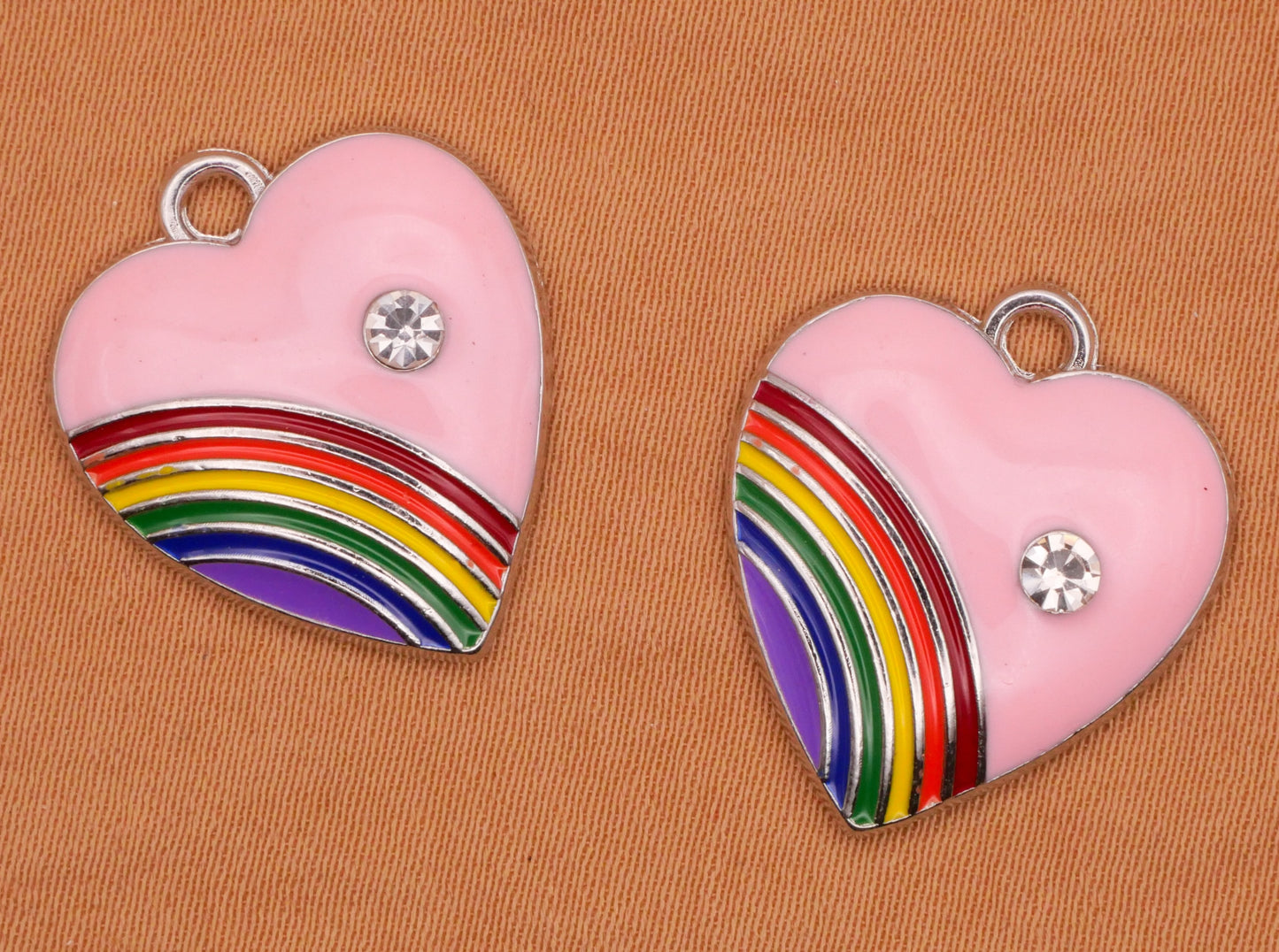 Heart Rainbow Rhinestone Enamel Metal Pair of Charms Various 18x21mm