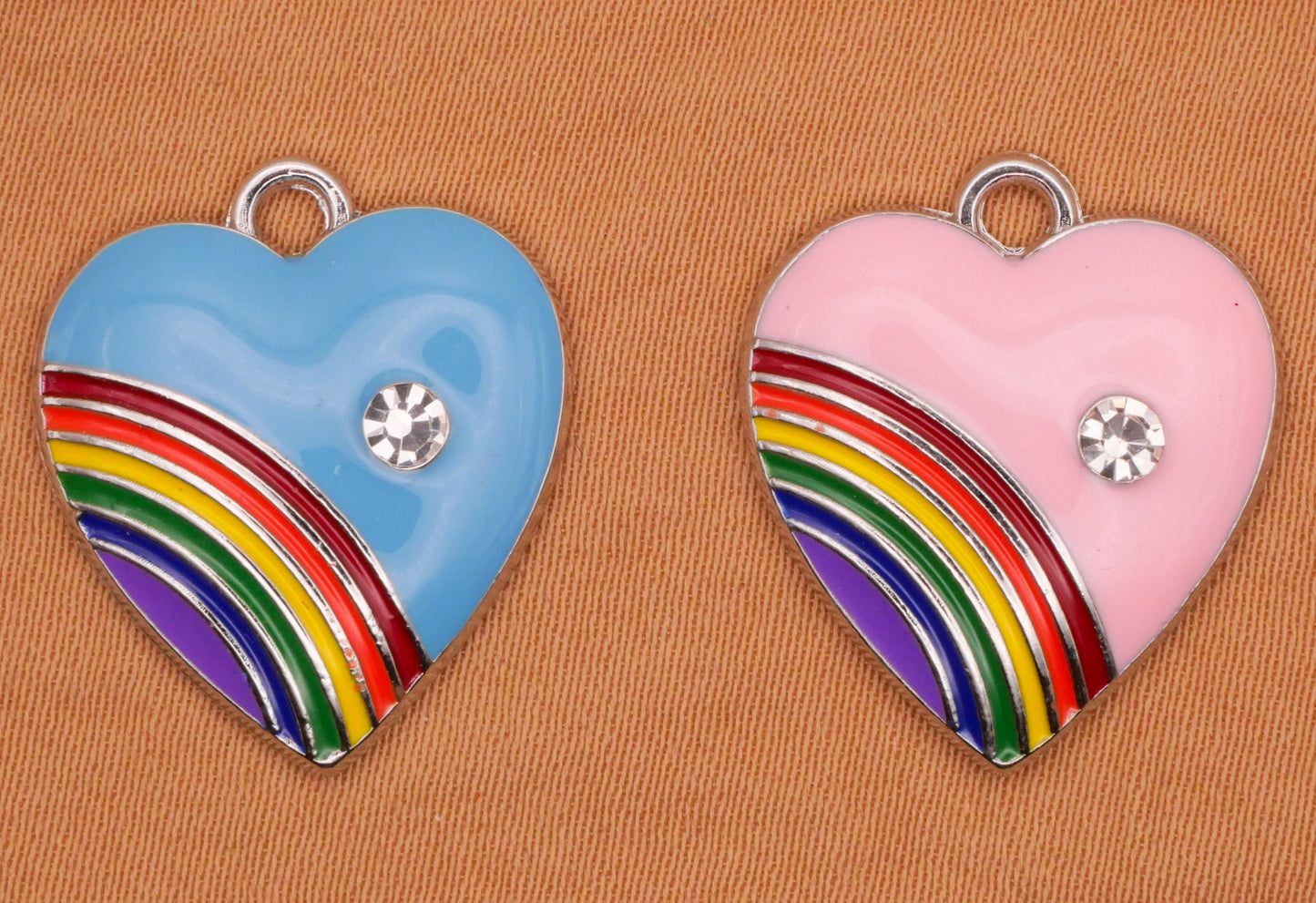 Heart Rainbow Rhinestone Enamel Metal Pair of Charms Various 18x21mm