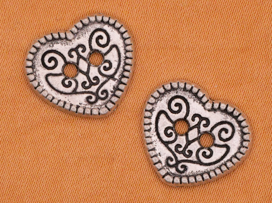 Heart Filigree Sew-Thru Silver Metal Pair of Buttons 14x15mm