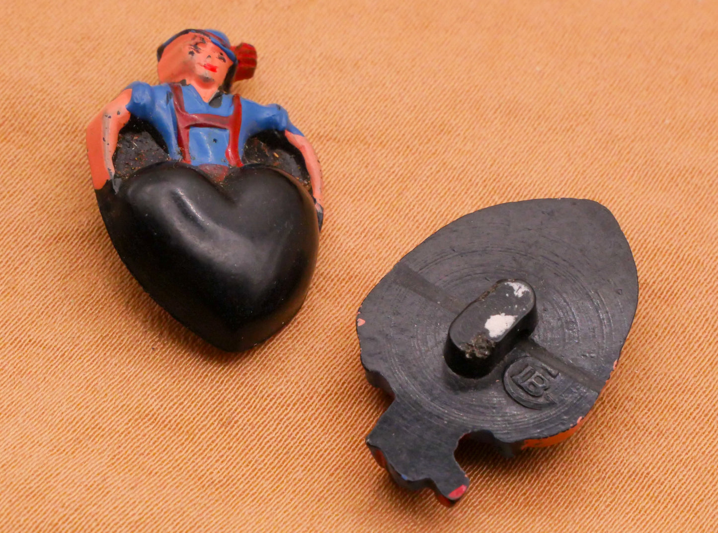 Heart Tyrolean Man Vintage Painted Plastic Button 16x24mm