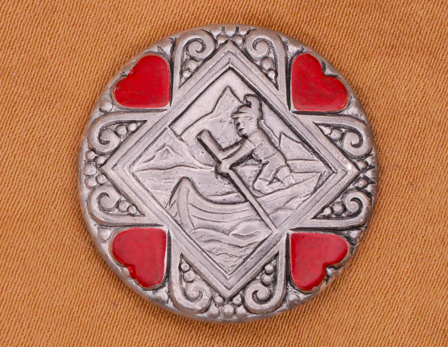 Tyrolean Man Canoe Boat Red Painted Hearts Metal Button 23mm