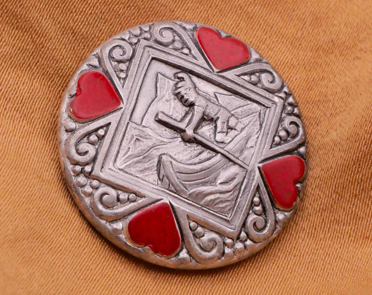 Tyrolean Man Canoe Boat Red Painted Hearts Metal Button 23mm