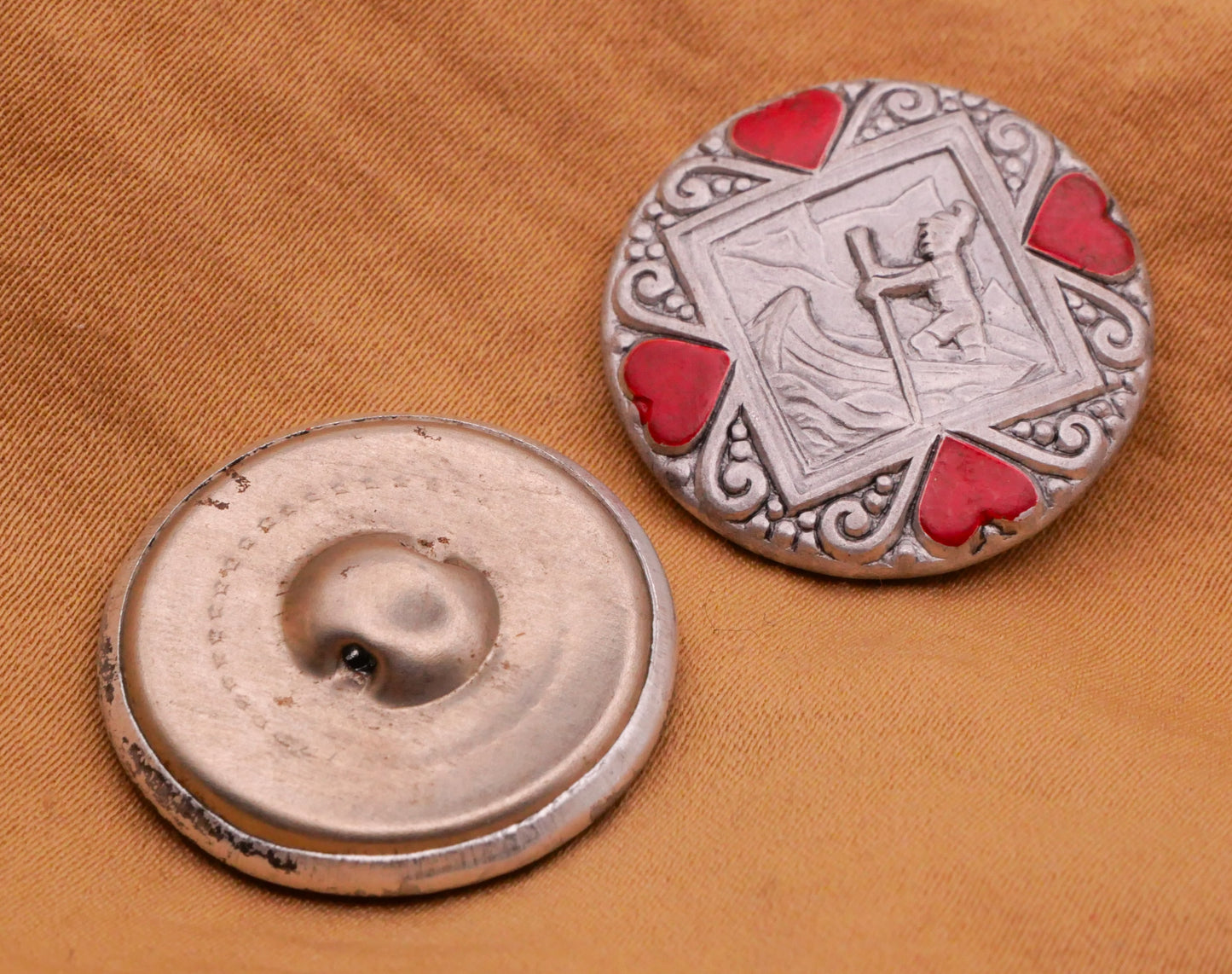 Tyrolean Man Canoe Boat Red Painted Hearts Metal Button 23mm