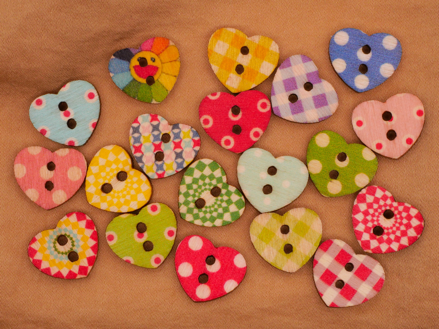 Heart Colorful Patterns Wood Set of Twenty Buttons 14x15mm