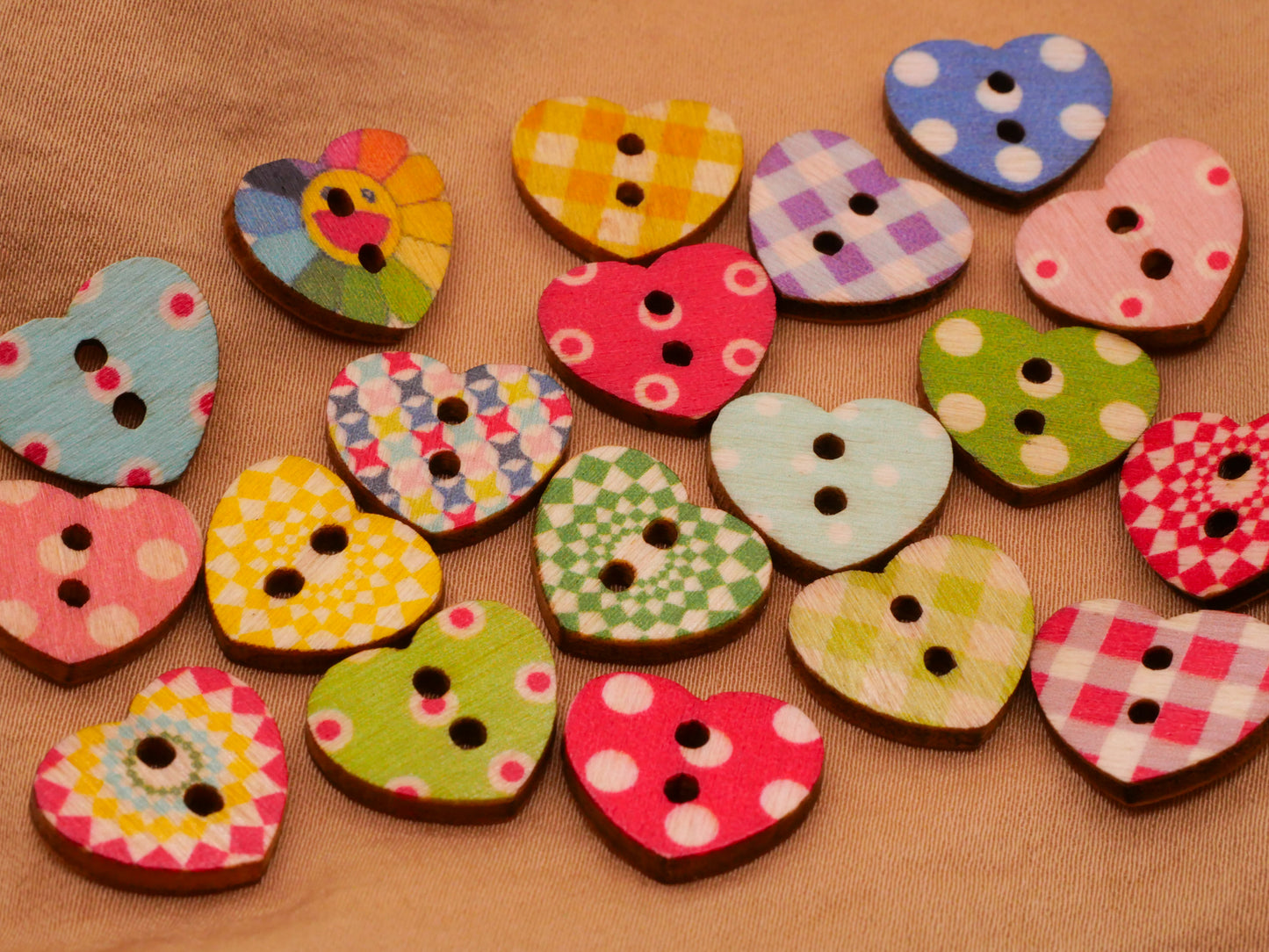 Heart Colorful Patterns Wood Set of Twenty Buttons 14x15mm