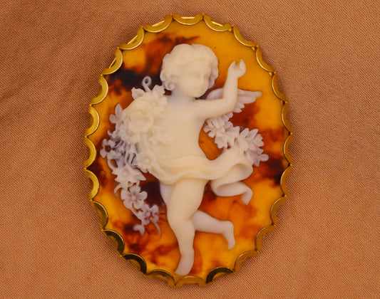 Cherub Angel Flowers Ribbon Tortoiseshell Ivory Look Resin Metal Button 31x41mm