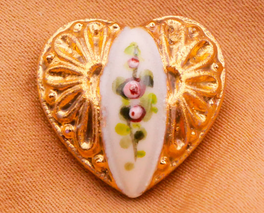 Heart Gold Rose Bud Hand-Painted Porcelain Ceramic Button 16x17mm