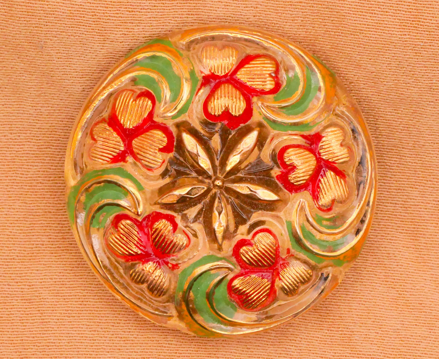 Shamrock Clover Heart Wreath Reverse Painted Czech Glass Button 27mm