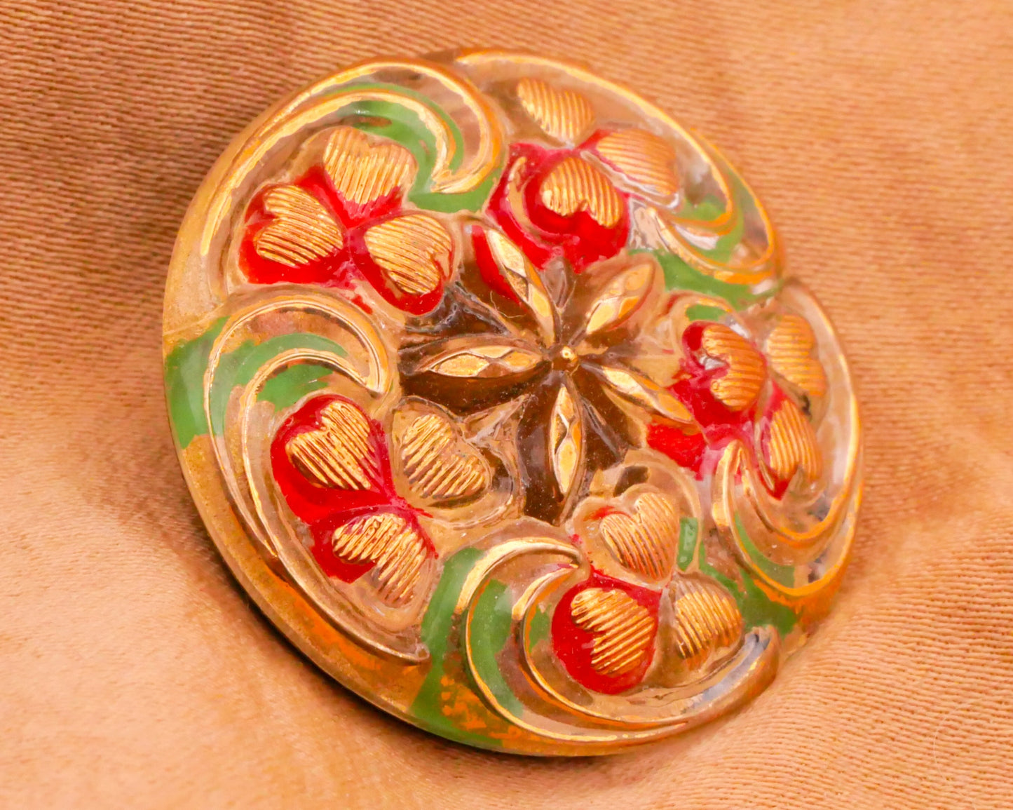 Shamrock Clover Heart Wreath Reverse Painted Czech Glass Button 27mm