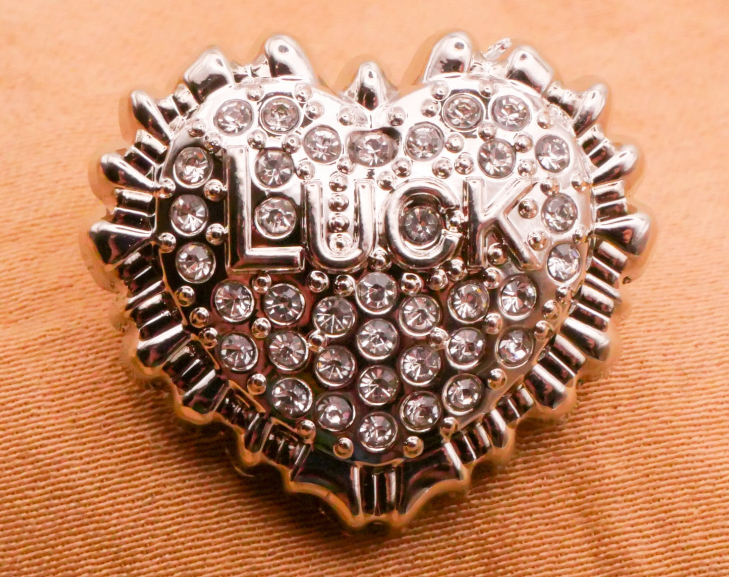 Luck Verbal Heart Rhinestone Silver Metal Button 20x23mm