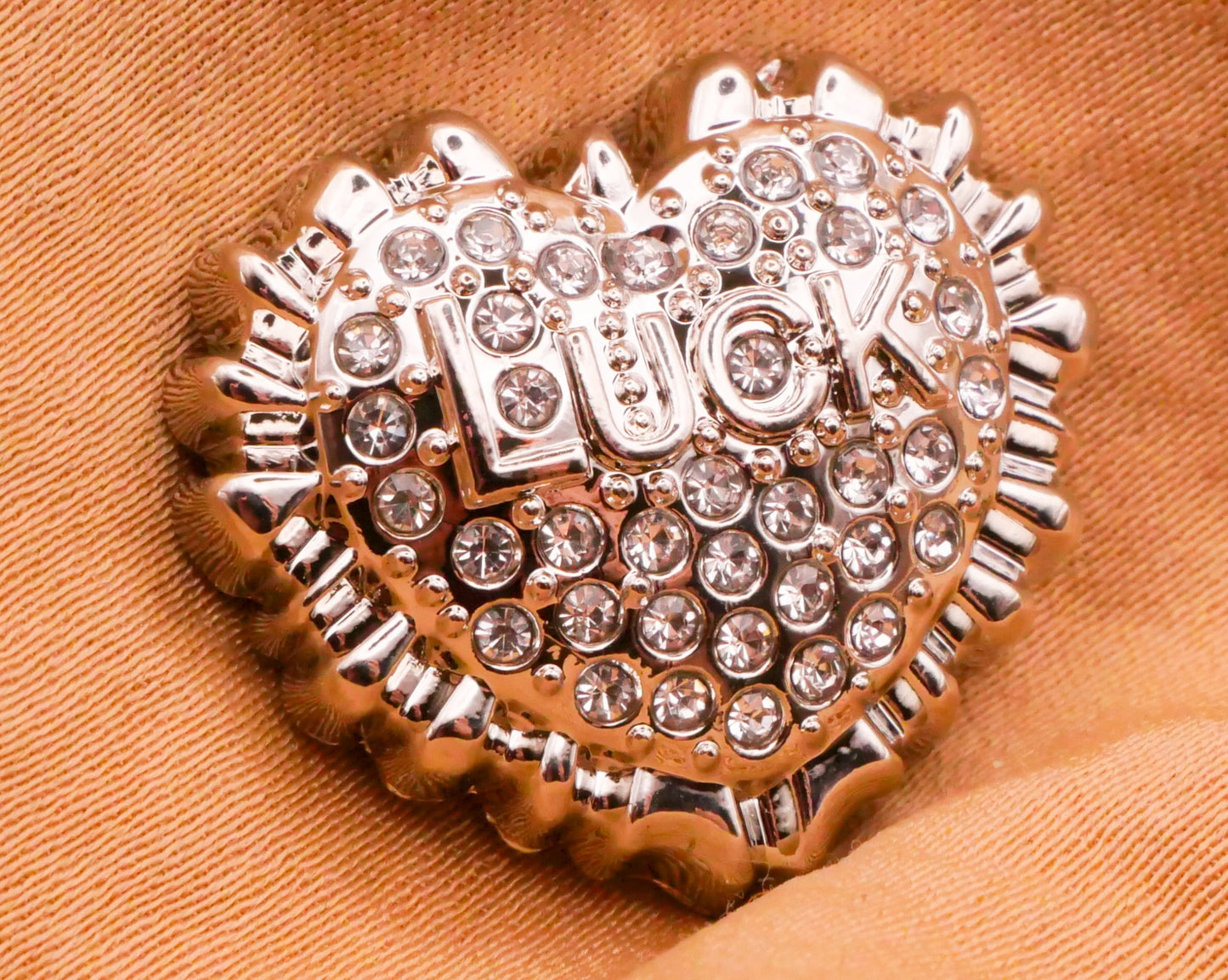 Luck Verbal Heart Rhinestone Silver Metal Button 20x23mm