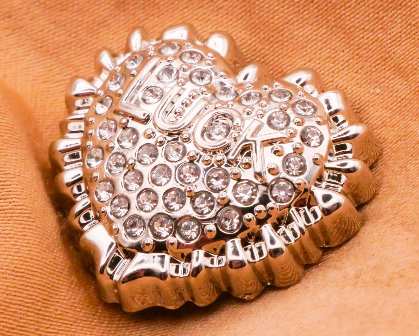 Luck Verbal Heart Rhinestone Silver Metal Button 20x23mm