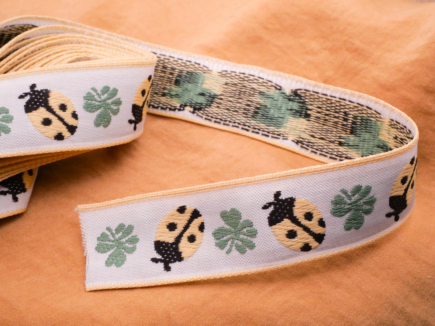 Ladybug Shamrock Clover Sage Buttery Yellow By The Yard Fabric Ribbon 21x914mm