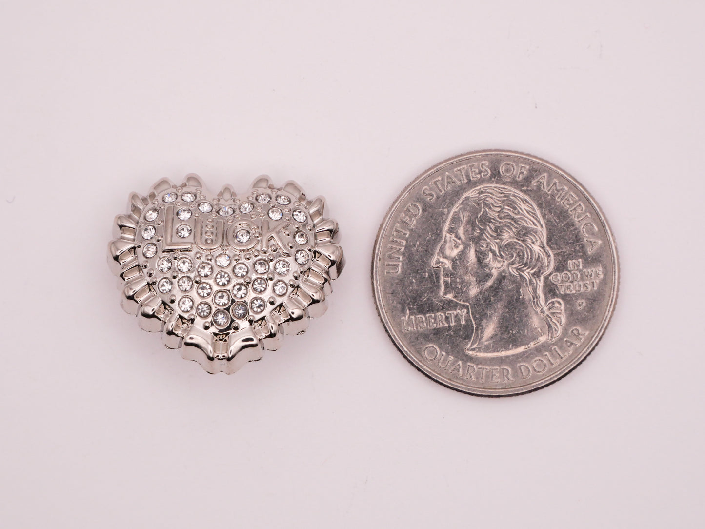 Luck Verbal Heart Rhinestone Silver Metal Button 20x23mm