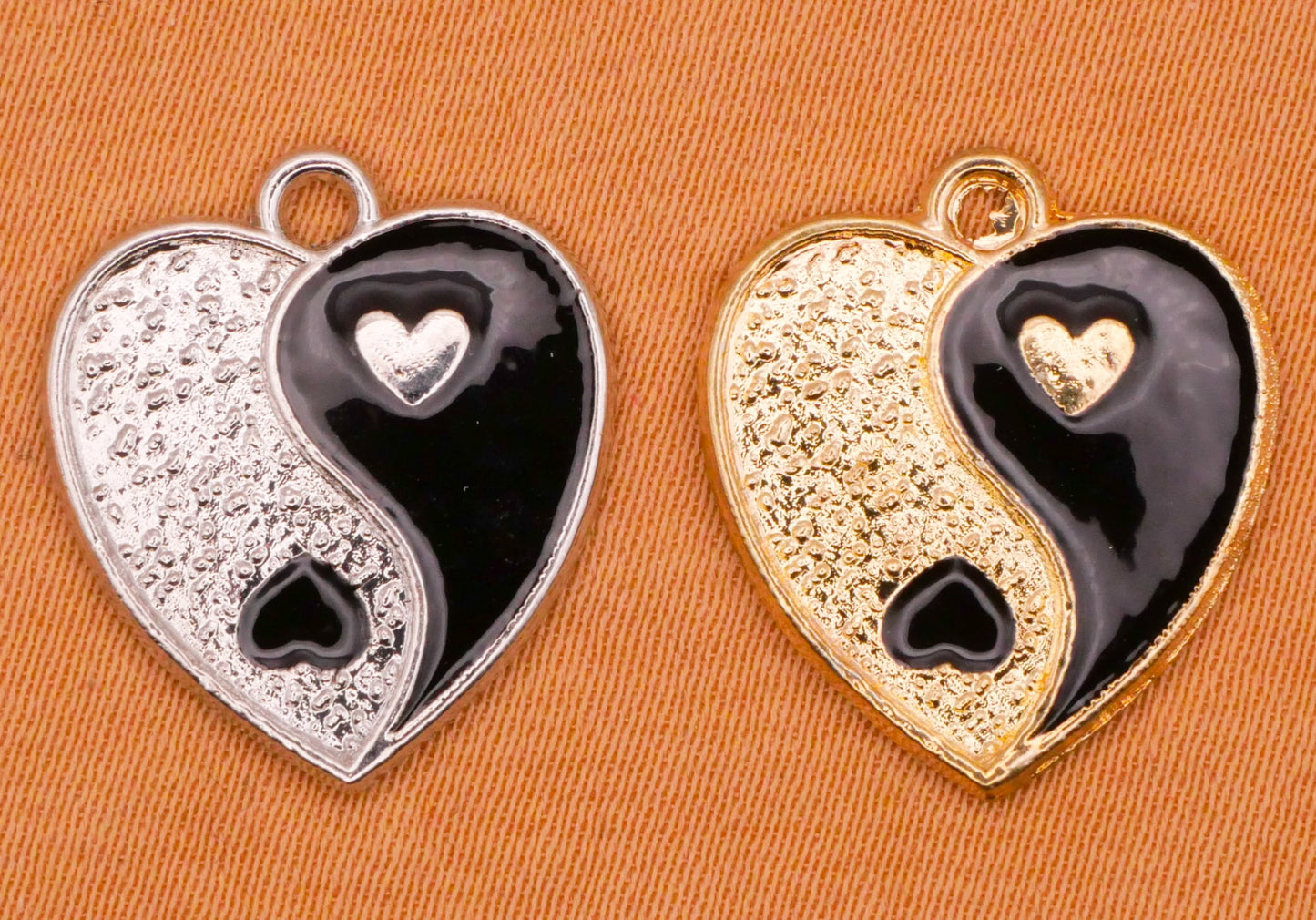 Yin Yang Heart Silver Gold Metal Set of Three Charms Embellishments 15x17mm