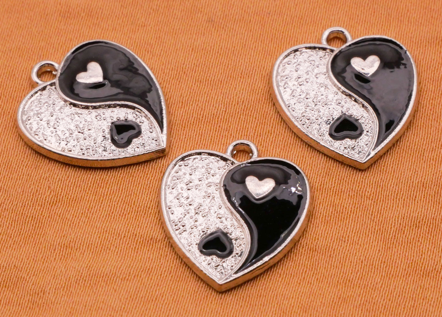 Yin Yang Heart Silver Gold Metal Set of Three Charms Embellishments 15x17mm