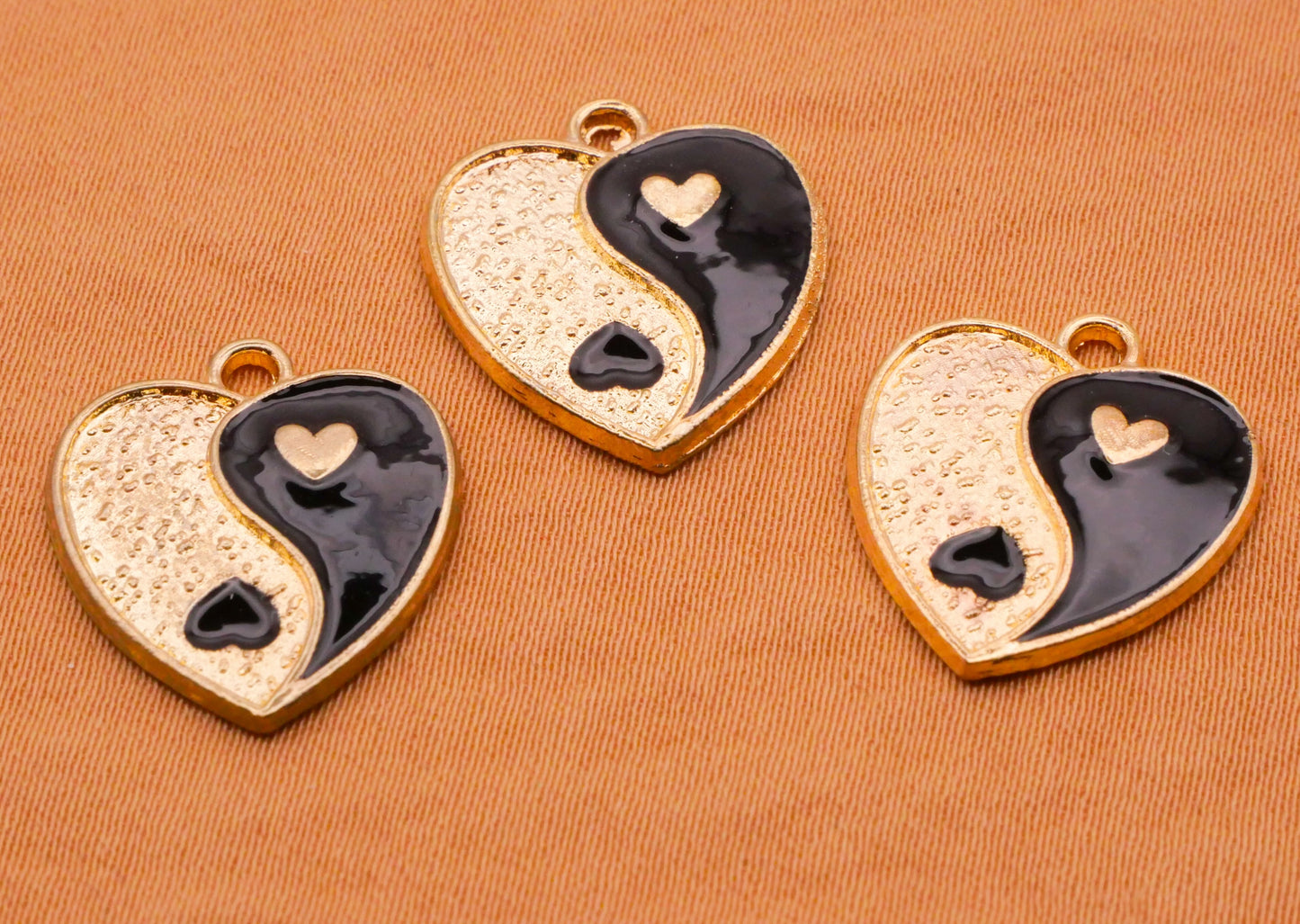 Yin Yang Heart Silver Gold Metal Set of Three Charms Embellishments 15x17mm