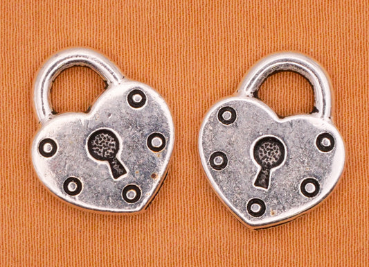 Heart Lock Silver Metal Pair of Charms Embellishments 14x17mm