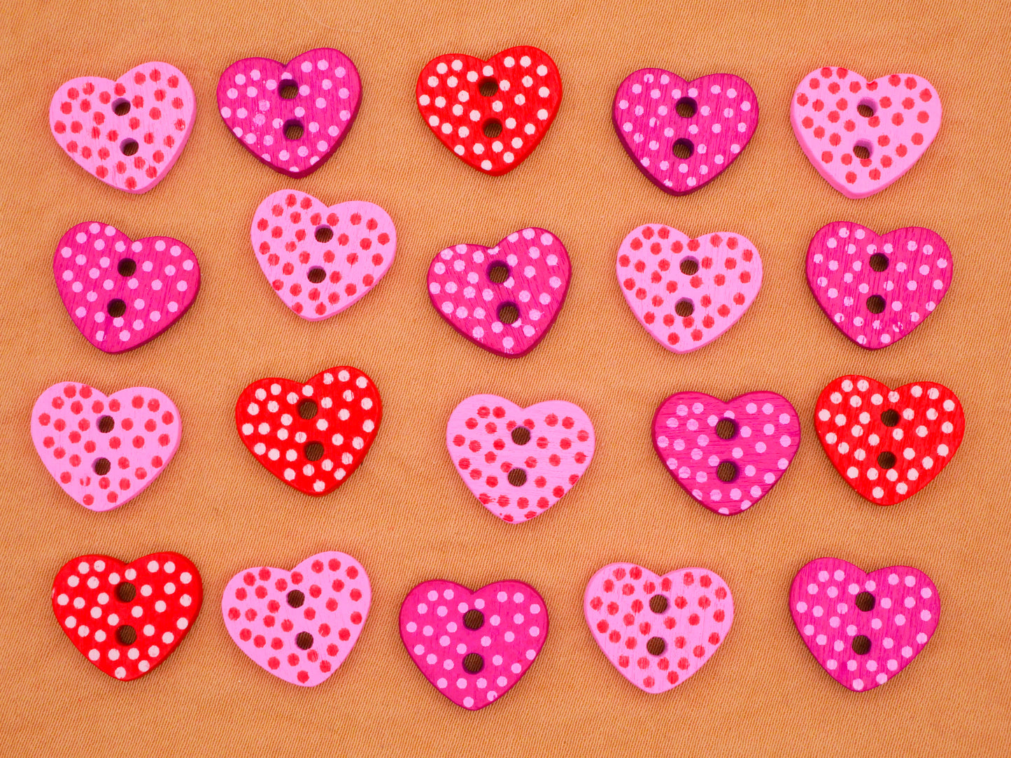 Heart Polka Dot Red Pink Wood Set of Twenty Buttons 13x15mm