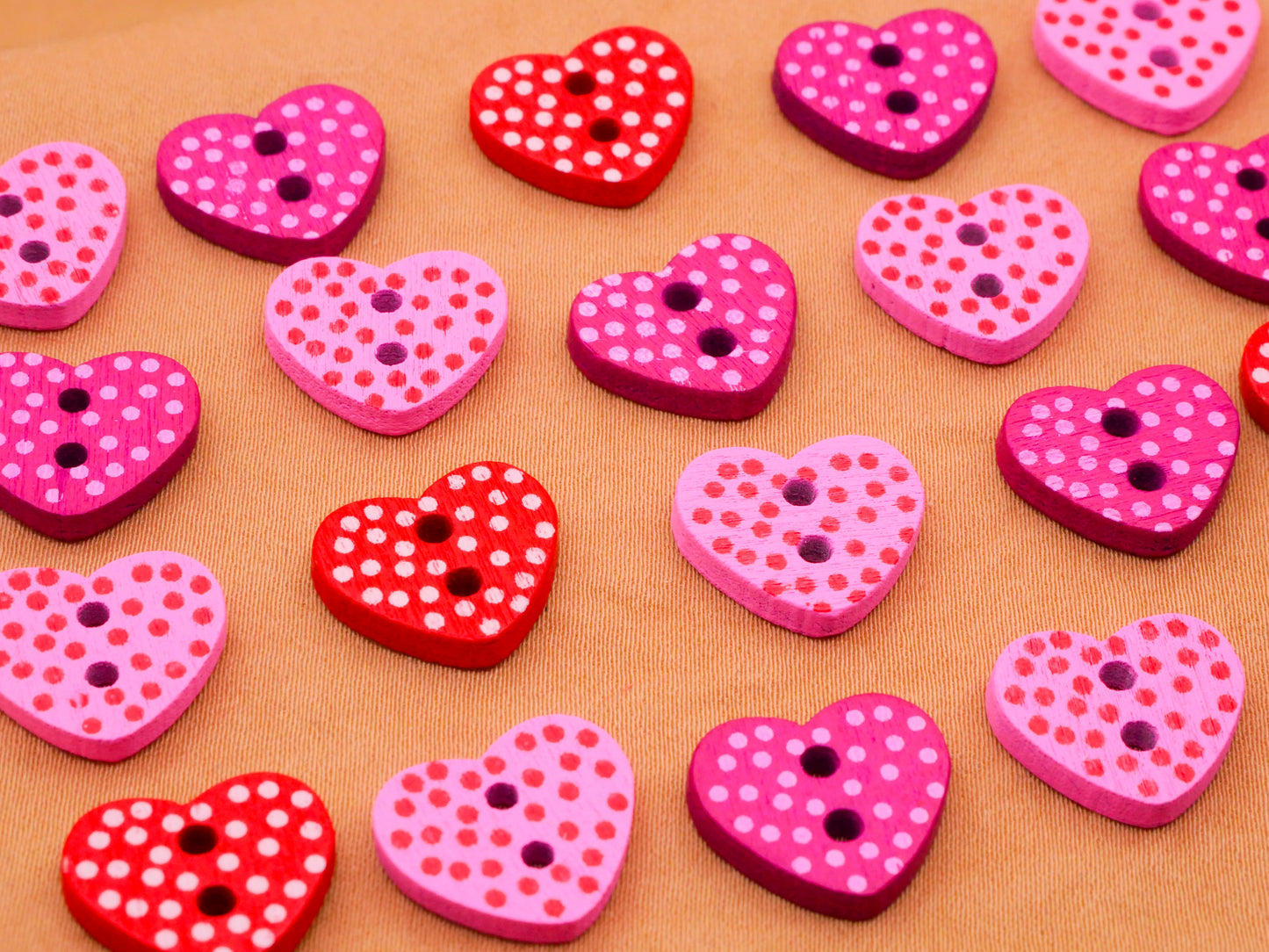 Heart Polka Dot Red Pink Wood Set of Twenty Buttons 13x15mm