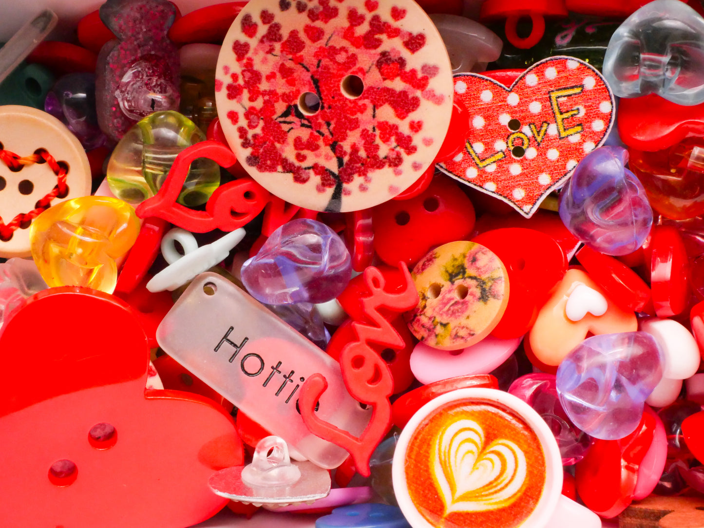 Valentine Heart Grab Bag Plastic Wood Assorted Set of Fifty Plus Buttons 9-31mm