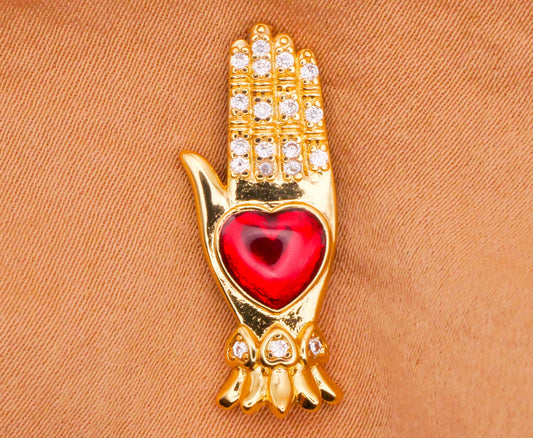 Hand Heart Rhinestone Red Enamel Gold Metal Button 10x25mm