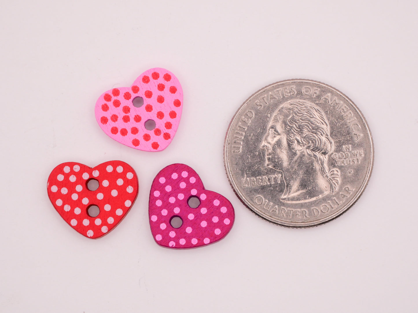 Heart Polka Dot Red Pink Wood Set of Twenty Buttons 13x15mm