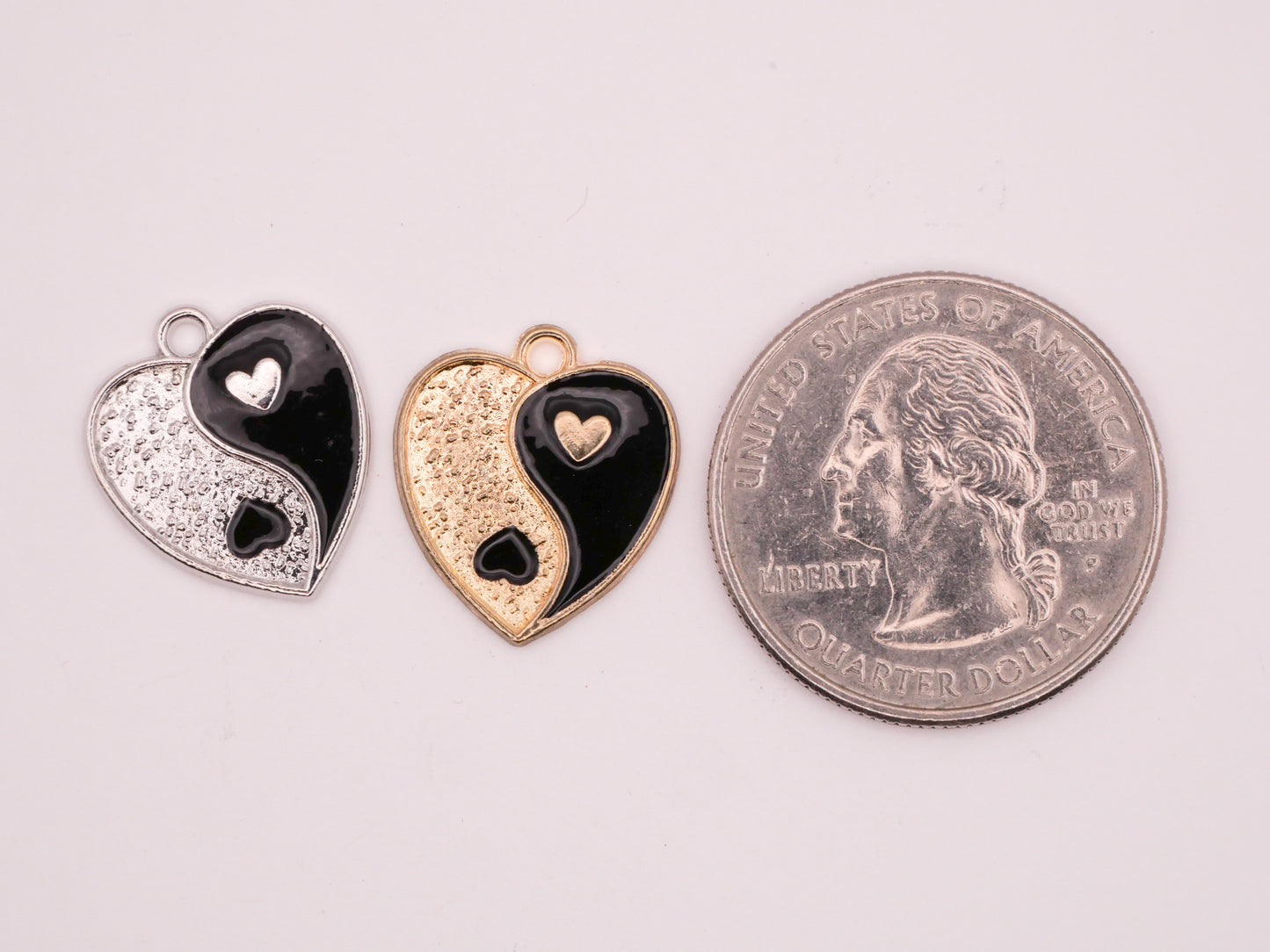 Yin Yang Heart Silver Gold Metal Set of Three Charms Embellishments 15x17mm