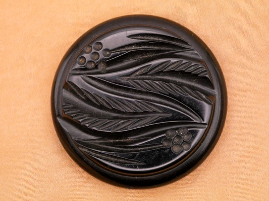 Flower Leaves Black Lacquer Carved Early Plastic Large Button 44mm