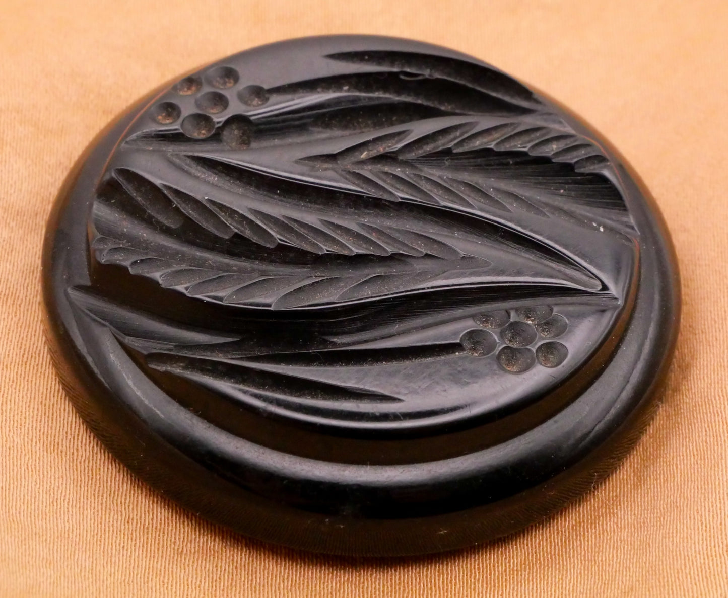 Flower Leaves Black Lacquer Carved Early Plastic Large Button 44mm