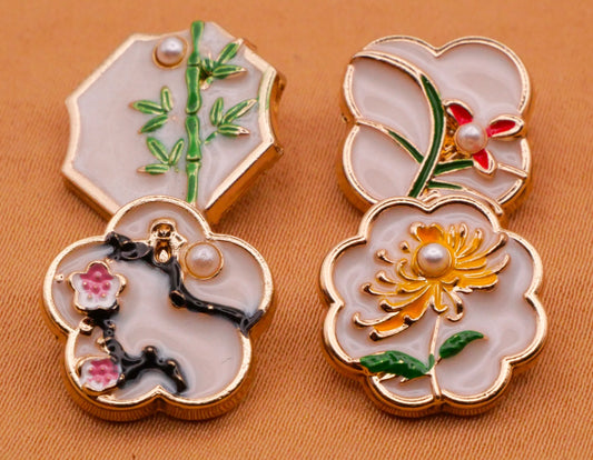 Asian Botanicals Metal Enamel Pearl Set of Four Buttons 13-15mm