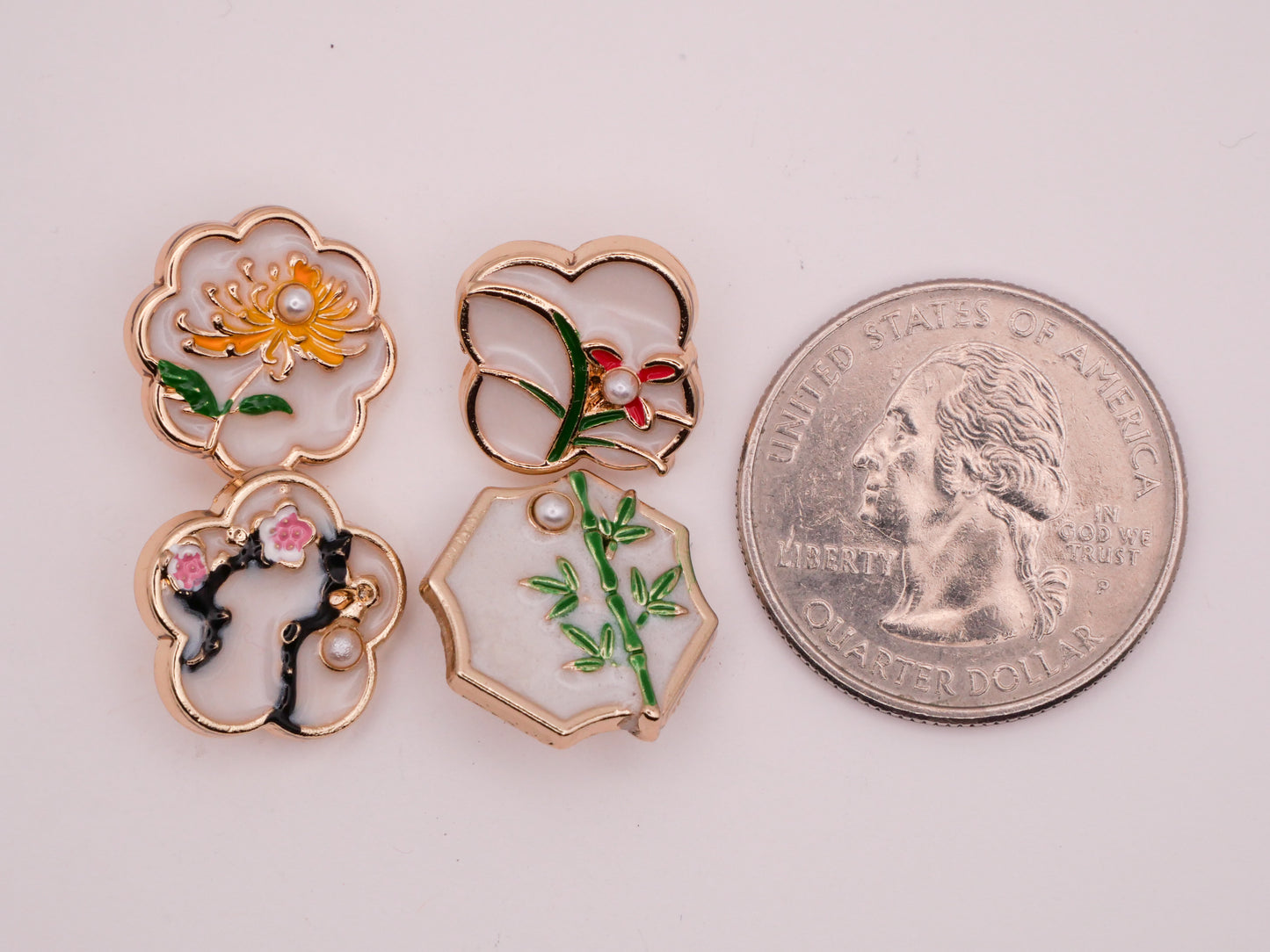 Asian Botanicals Metal Enamel Pearl Set of Four Buttons 13-15mm