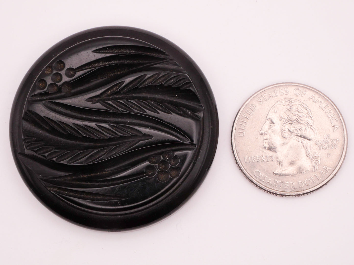 Flower Leaves Black Lacquer Carved Early Plastic Large Button 44mm