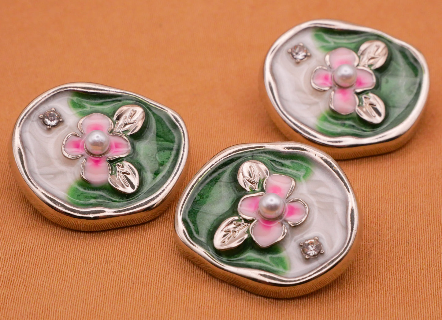 Pink Flower Rhinestone White Green Enamel Silver Metal Button 19x22mm