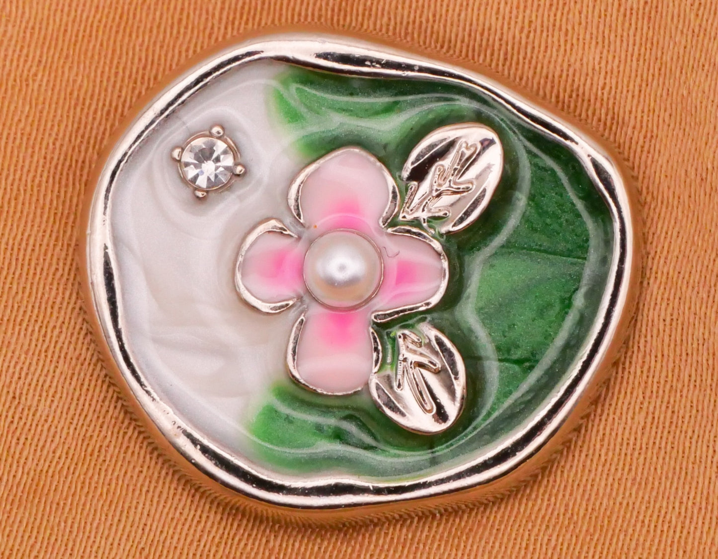 Pink Flower Rhinestone White Green Enamel Silver Metal Button 19x22mm