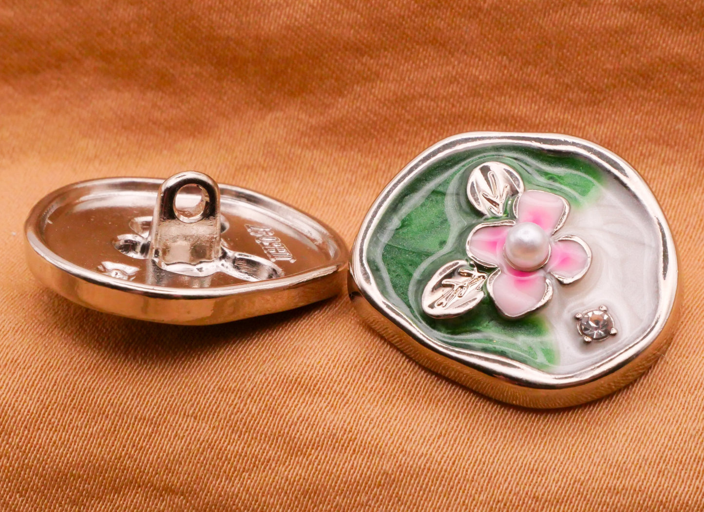 Pink Flower Rhinestone White Green Enamel Silver Metal Button 19x22mm