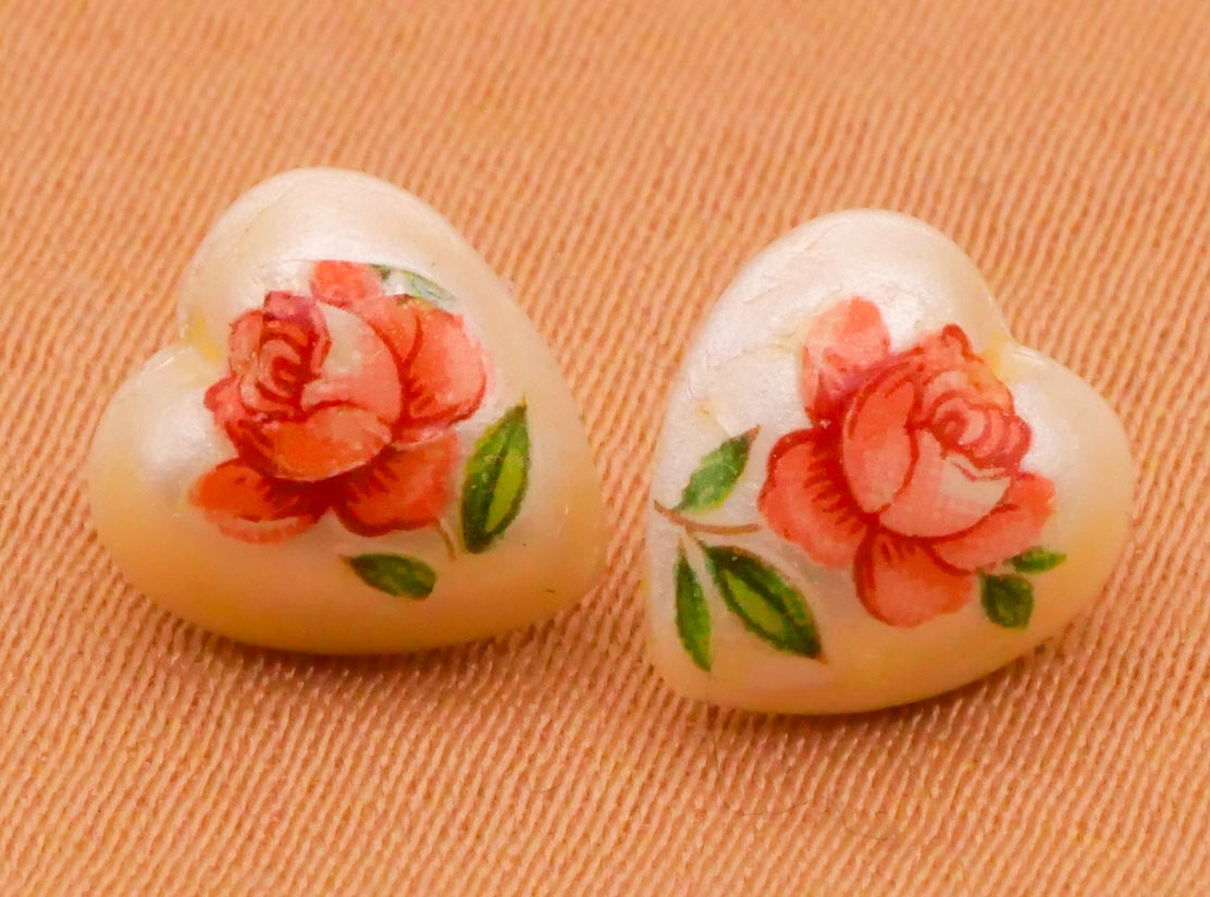 Heart Rose Decal Pearlized Plastic Pair of Buttons 7x8mm