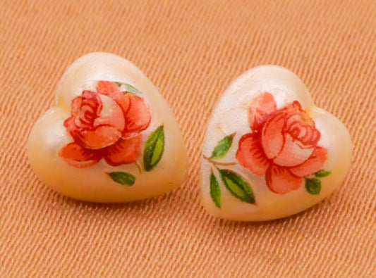 Heart Rose Decal Pearlized Plastic Pair of Buttons 7x8mm