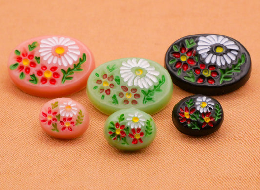 Daisy Flower Painted Vintage Pink Green Black Plastic Button Various 8-18mm