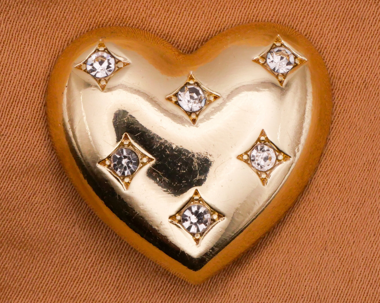 Heart Rhinestone Shiny Gold Metal Button 23x25mm